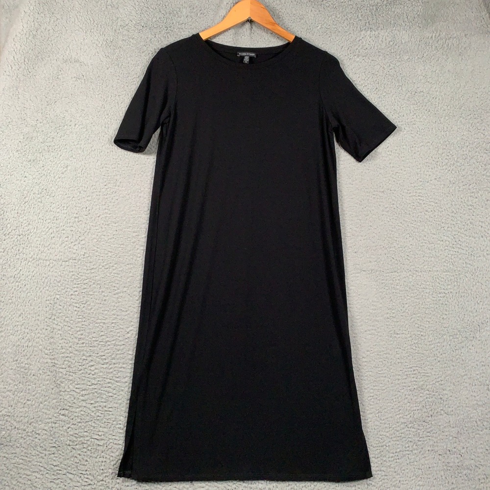 Eileen Fisher Viscose Jersey Midi Dress Women's Small S Petite Black Minimalist